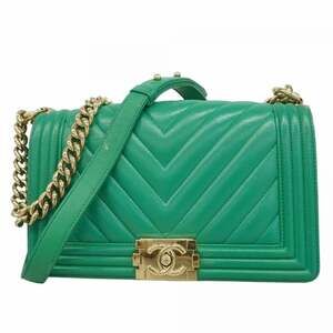 Chanel Shoulder Bag Boy Chain Lambskin Green Champagne Women's